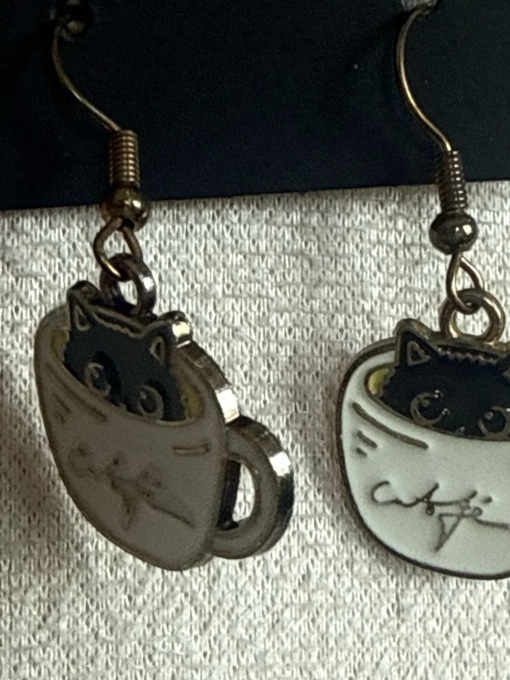 Source Unknown Black-and-White Cat in Mug Enamel Drop Earrings